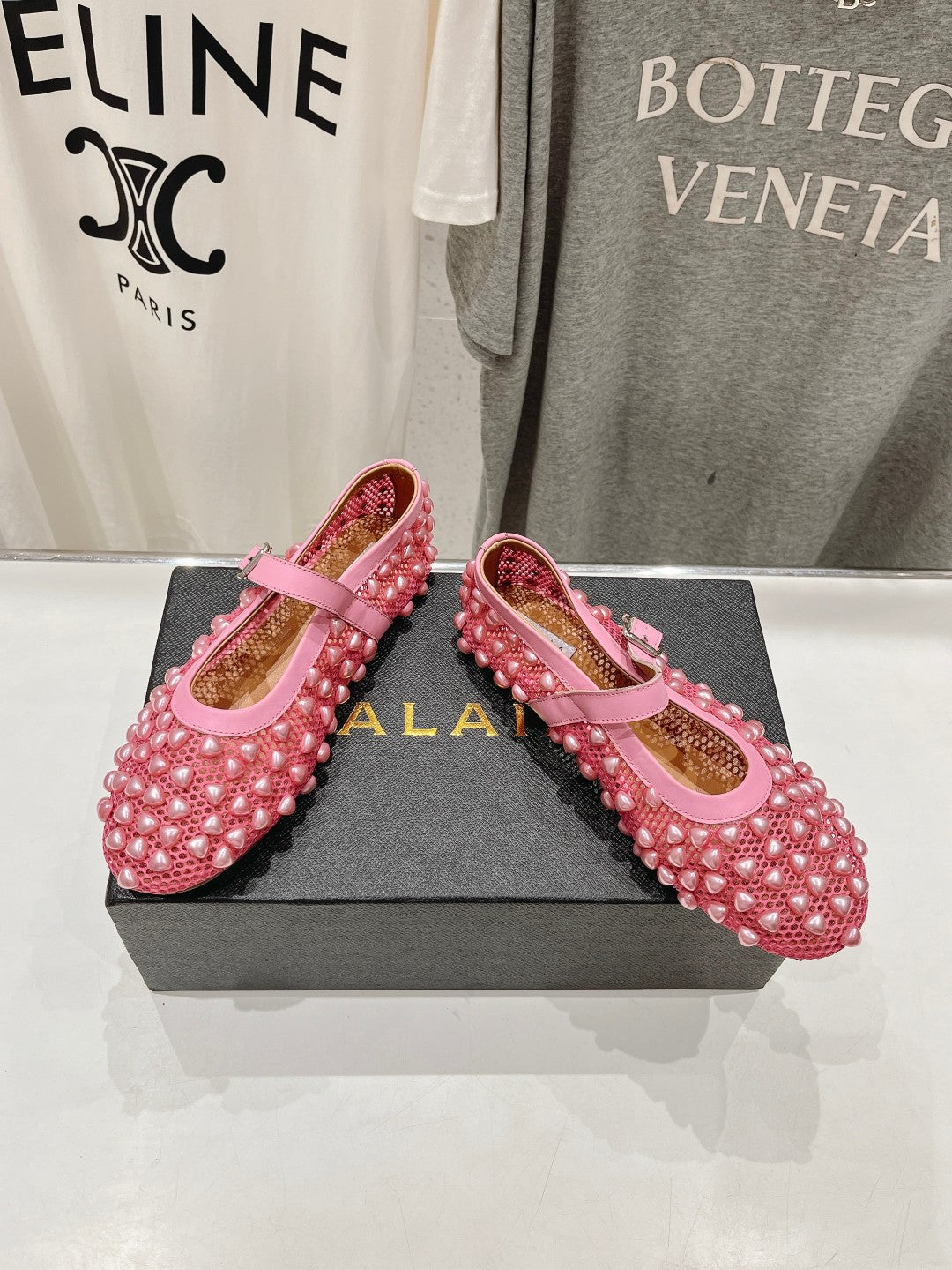 ALAIA PEARL MARY JANE SHOES IN DARK PINK MESH AND CALFSKIN