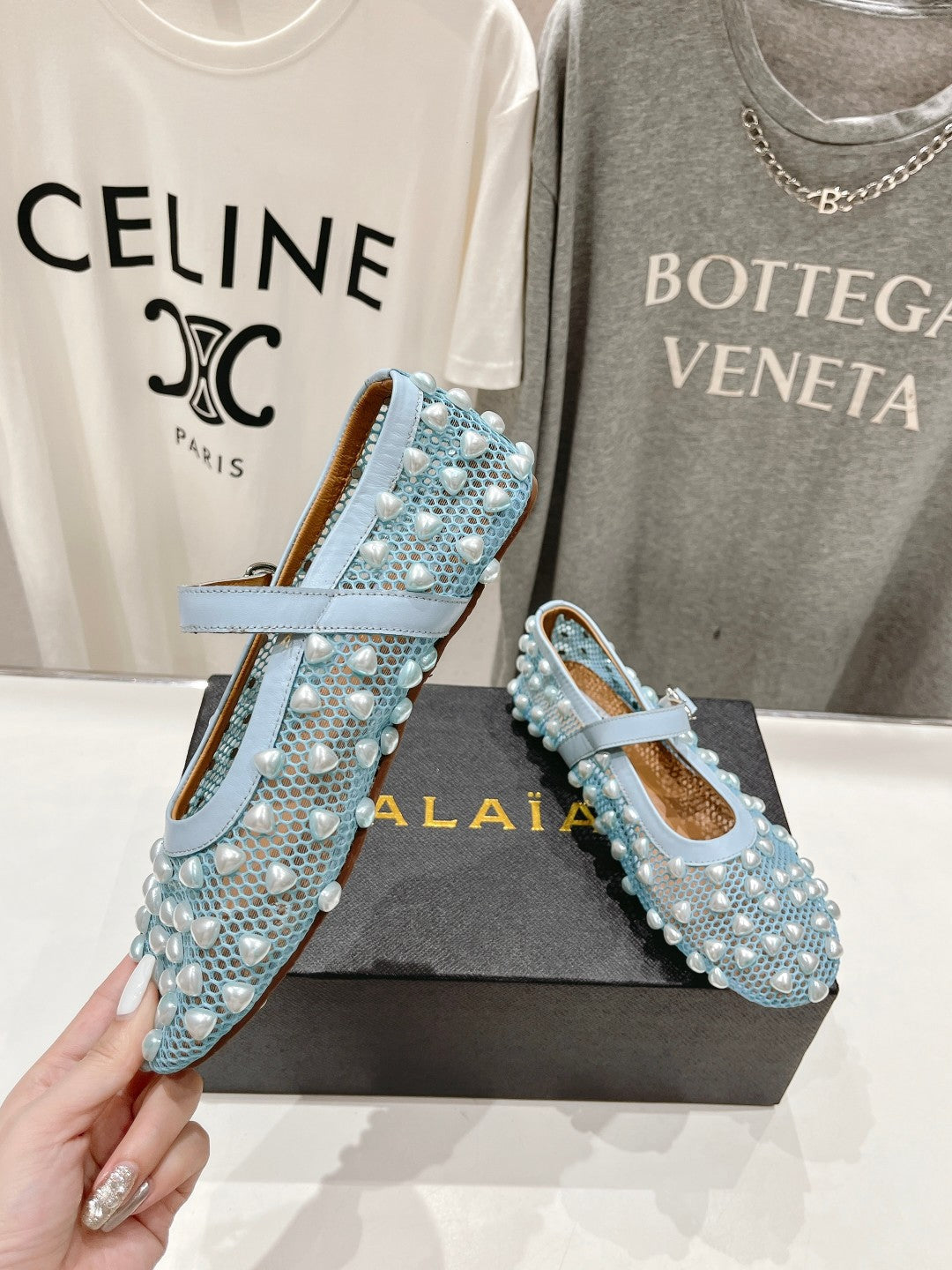ALAIA PEARL MARY JANE SHOES IN LIGHT BLUE MESH AND CALFSKIN