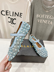 ALAIA PEARL MARY JANE SHOES IN LIGHT BLUE MESH AND CALFSKIN