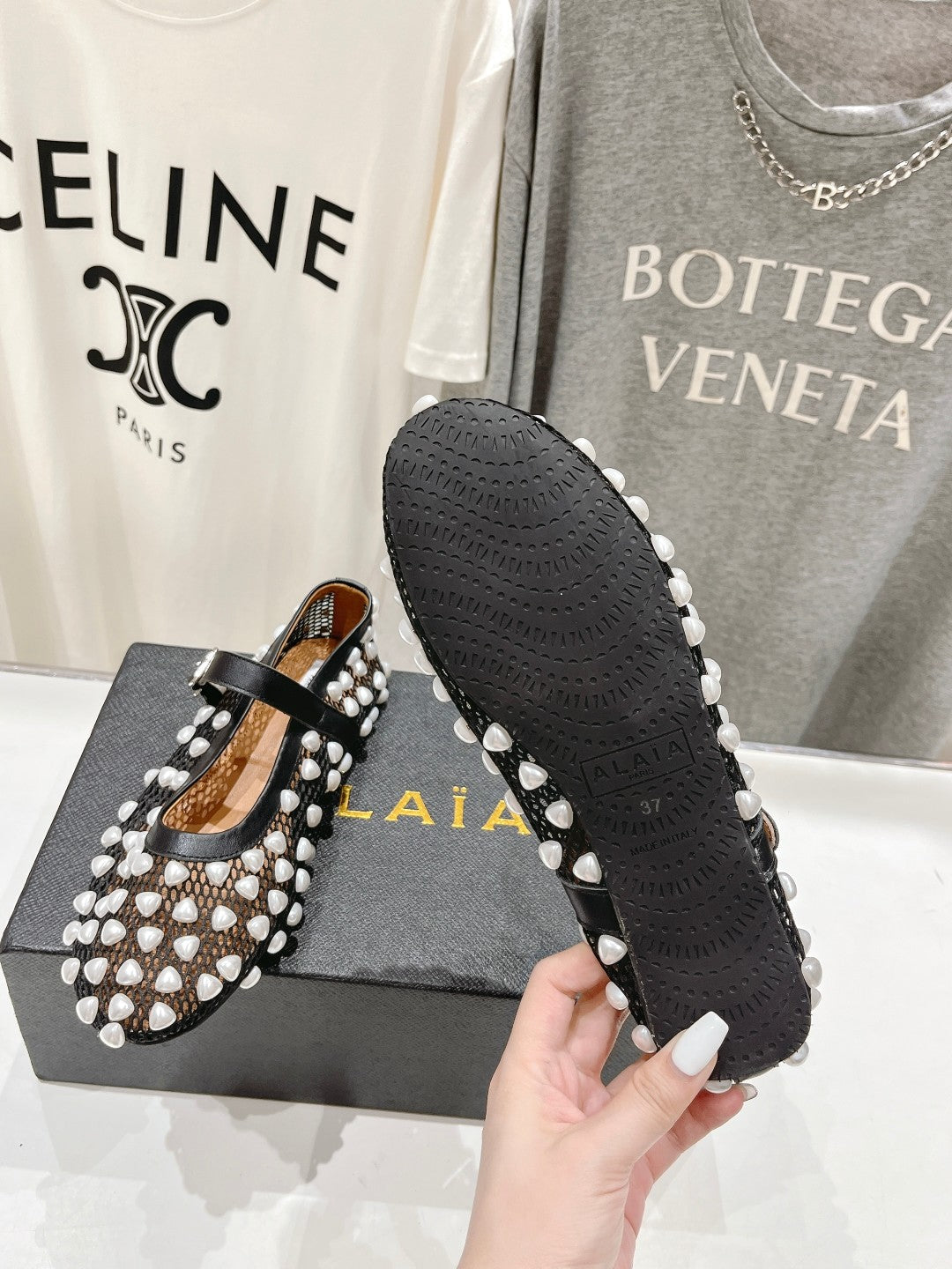 ALAIA PEARL MARY JANE SHOES IN BLACK MIX WHITE MESH AND CALFSKIN