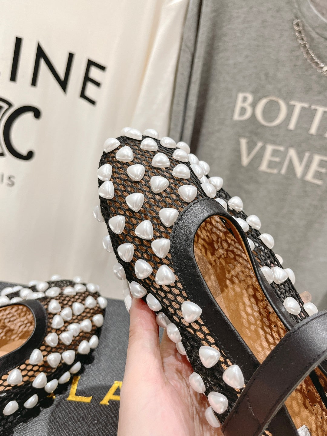 ALAIA PEARL MARY JANE SHOES IN BLACK MIX WHITE MESH AND CALFSKIN