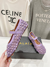ALAIA PEARL MARY JANE SHOES IN LAVENDER PURPLE MESH AND CALFSKIN