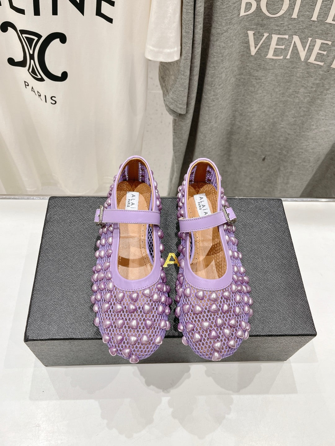 ALAIA PEARL MARY JANE SHOES IN LAVENDER PURPLE MESH AND CALFSKIN