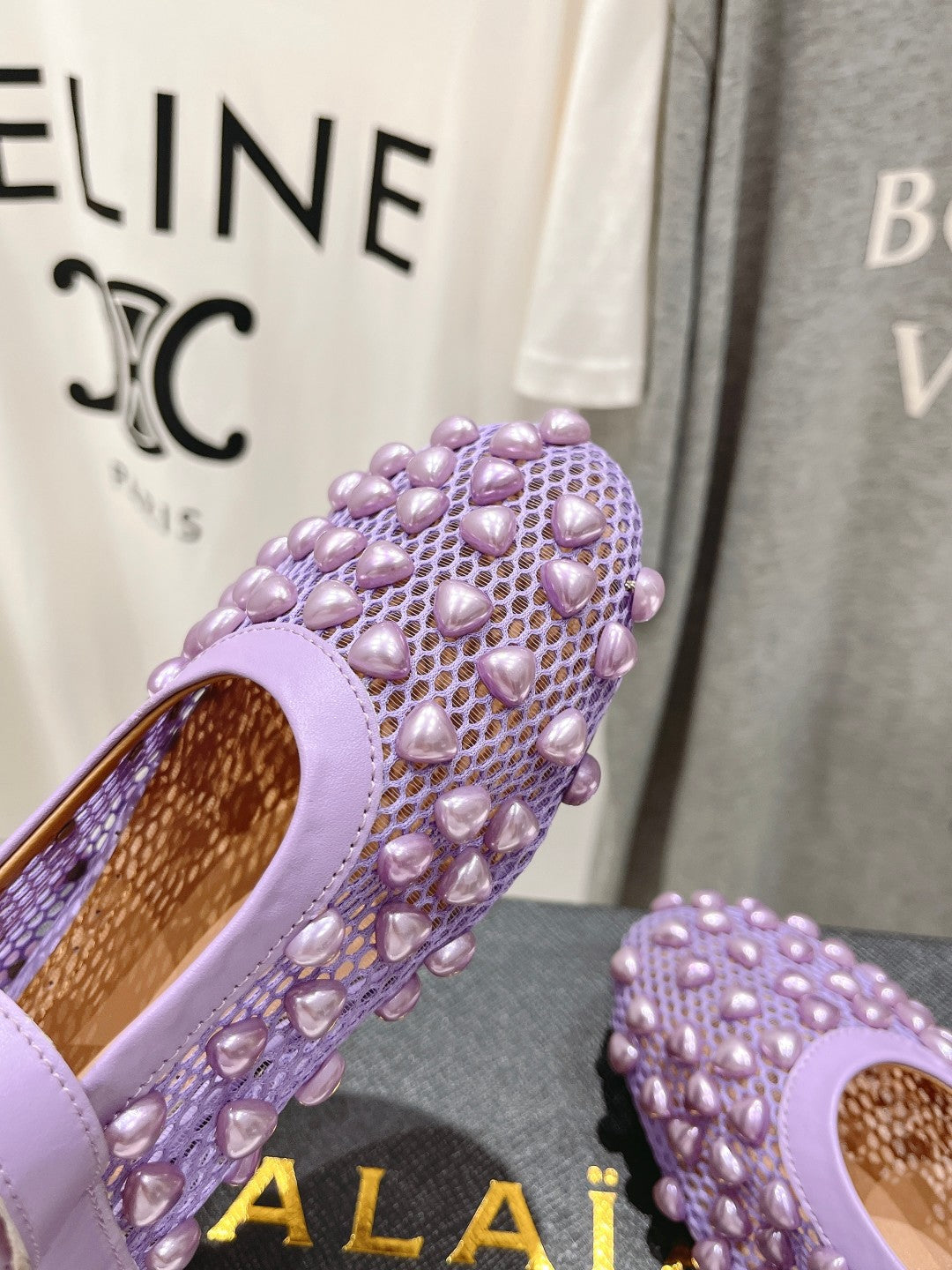 ALAIA PEARL MARY JANE SHOES IN LAVENDER PURPLE MESH AND CALFSKIN