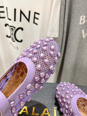 ALAIA PEARL MARY JANE SHOES IN LAVENDER PURPLE MESH AND CALFSKIN