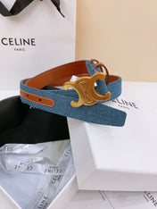 CELINE 25S BELT TRIOMPHE TAURILLON 25MM IN BROWN CALFSKIN AND DENIM 558357