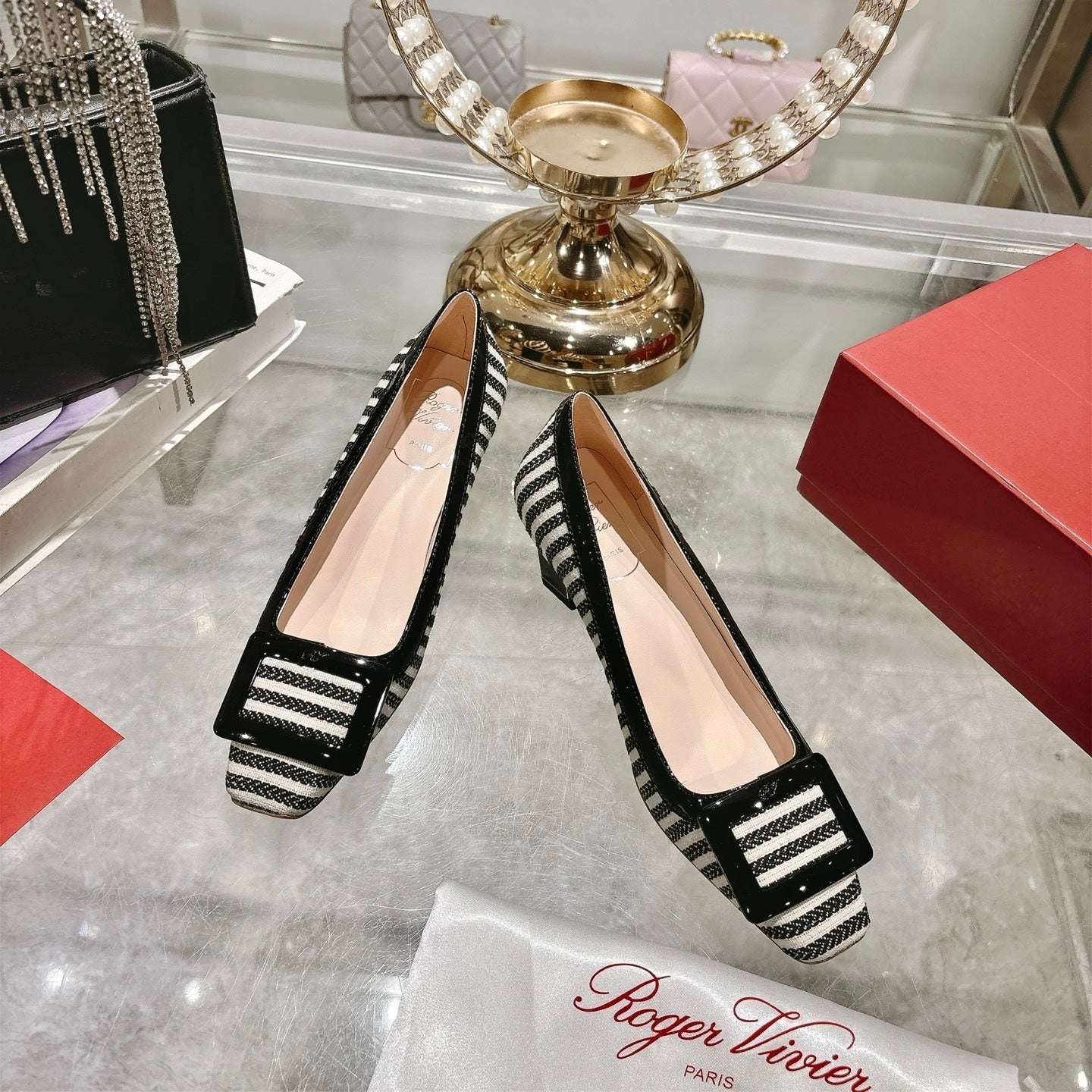 ROGER VIVIER 25S TROMPETTE BALLERINAS 45MM IN BLACK PLAID PATTERN CANVAS