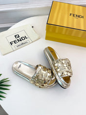 FENDI THICK SOLE 3 CM SEQUIN SLIPPER GOLDEN