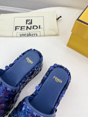 FENDI THICK SOLE 6 CM SEQUIN SLIPPER NAVY BLUE