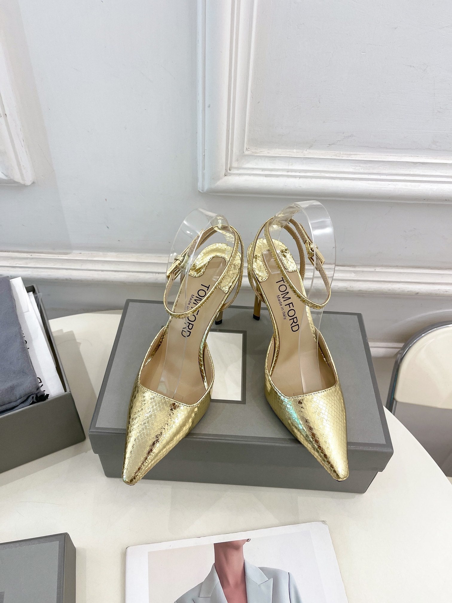 HIGH SLINGBACKS 10 CM IN GOLD SNAKE-PATTERN CALFSKIN