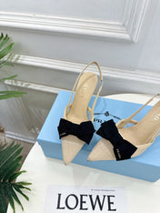 PRADA 26S POINTED-TOE SLINGBACK HEELS 75MM IN BEIGE MESH WITH BLACK BOW