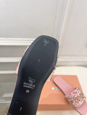 MIUMIU 26S SLIDES IN LIGHT PINK SATIN CRYSTAL EMBELLISHED