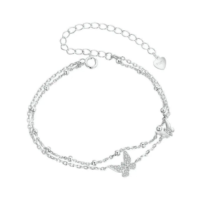 Double-Layer Butterfly Bracelet 925 Sterling Silver CZ Layered Bracelet