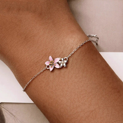 Beautiful Cherry Blossom Bracelet Adjustable Silver Snake Chain Link