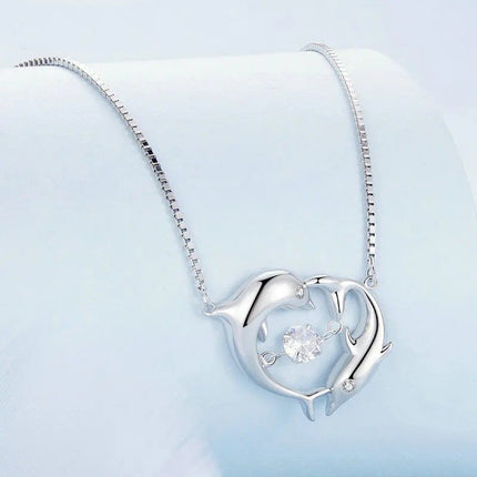 Double Dolphins Necklace Shiny Zircon Love Neck Chain