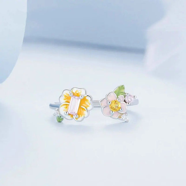 Colorful Enamel Flower Adjustable Ring Yellow Zircon Open Ring