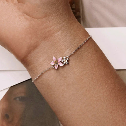 Beautiful Cherry Blossom Bracelet Adjustable Silver Snake Chain Link