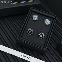 CC 25P STUD EARRINGS IN BLUE DENIM BLACK CALFSKIN-THREADED BUTTON