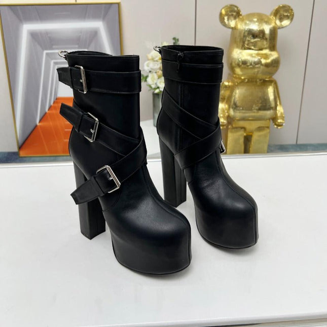 SL ANKLE BUCKLE BOOT PLATFORM BLACK SMOOTH CALFSKIN