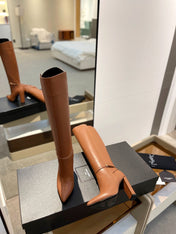 YSL 25S HIGH-HEEL KNEE-HIGH BOOTS 95 MM IN RUST BROWN LAMBSKIN