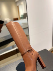 YSL 25S HIGH-HEEL KNEE-HIGH BOOTS 95 MM IN RUST BROWN LAMBSKIN