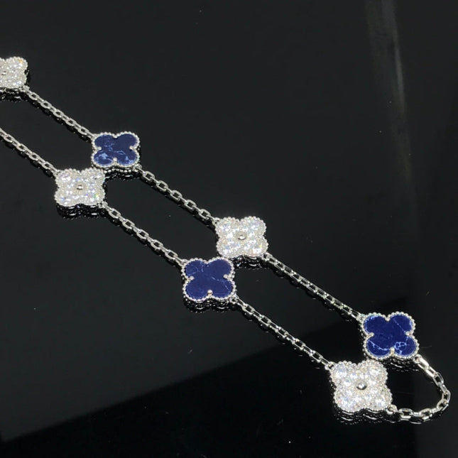 CLOVER 10 MOTIF SILVER PIETERSITE MOP DIAMOND NECKLACE