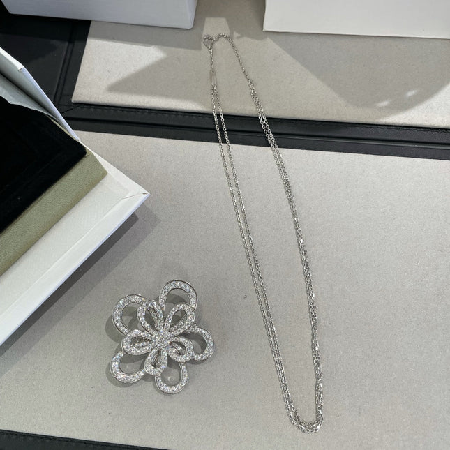 DOUBLE LACE FLOWER SILVER PENDANT DIAMOND NECKLACE