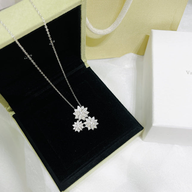 LOTUS THREE FLOWERS SILVER DIAMOND NECKLACE