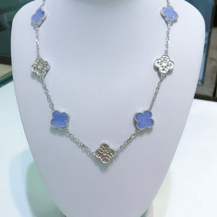 CLOVER 10 MOTIFS CHALCEDONY DIAMONDS SILVER NECKLACE