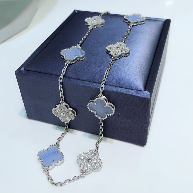 CLOVER 10 MOTIFS CHALCEDONY DIAMONDS SILVER NECKLACE