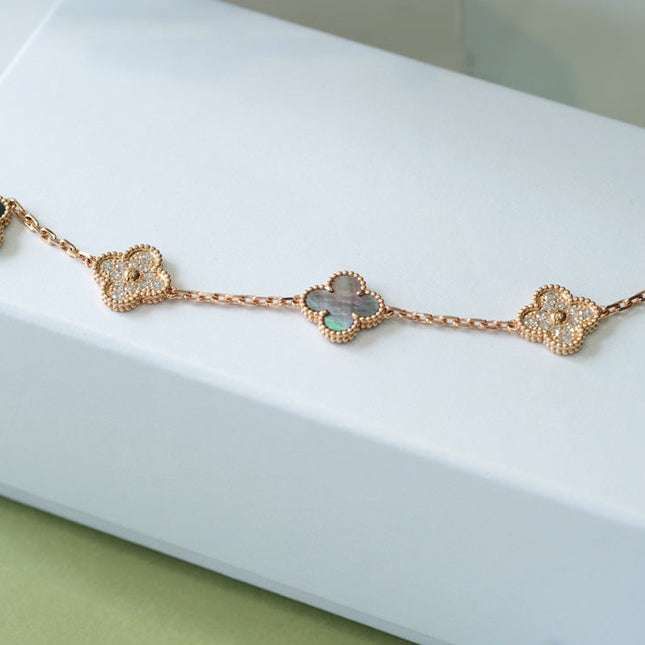 CLOVER 5 MOTIFS DARK MOP AND DIAMONDS PINK GOLD BRACELET