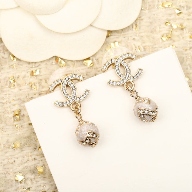 DOUBLE C DROP BALL GOLD DIAMONDS EARRINGS