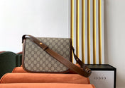 GG 1955 Horsebit Bag 25cm Brown Leather Beige Canvas Gold Hardware
