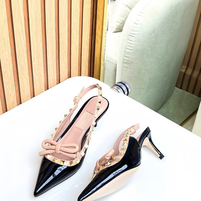 Rockstud Bow Slingback Black and Rose Cannelle Calfskin With Matching Studs